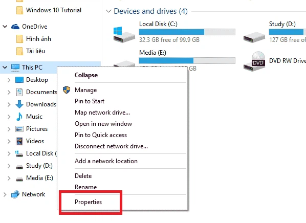 Click chuột phải vào biểu tượng This PC và chọn Properties.