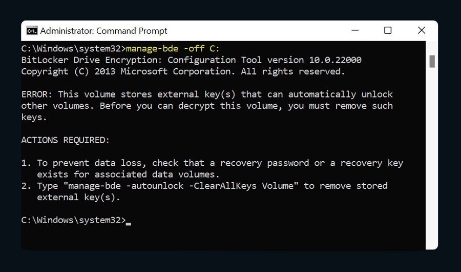 hủy kích hoạt Bitlocker từ CMD