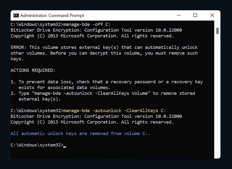 hủy kích hoạt Bitlocker từ CMD