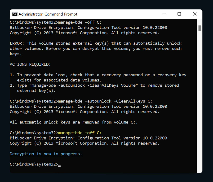 hủy kích hoạt Bitlocker từ CMD