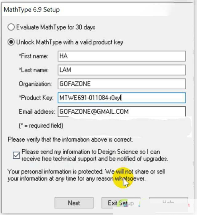 Nhập các mathtype 6.9 full crack key